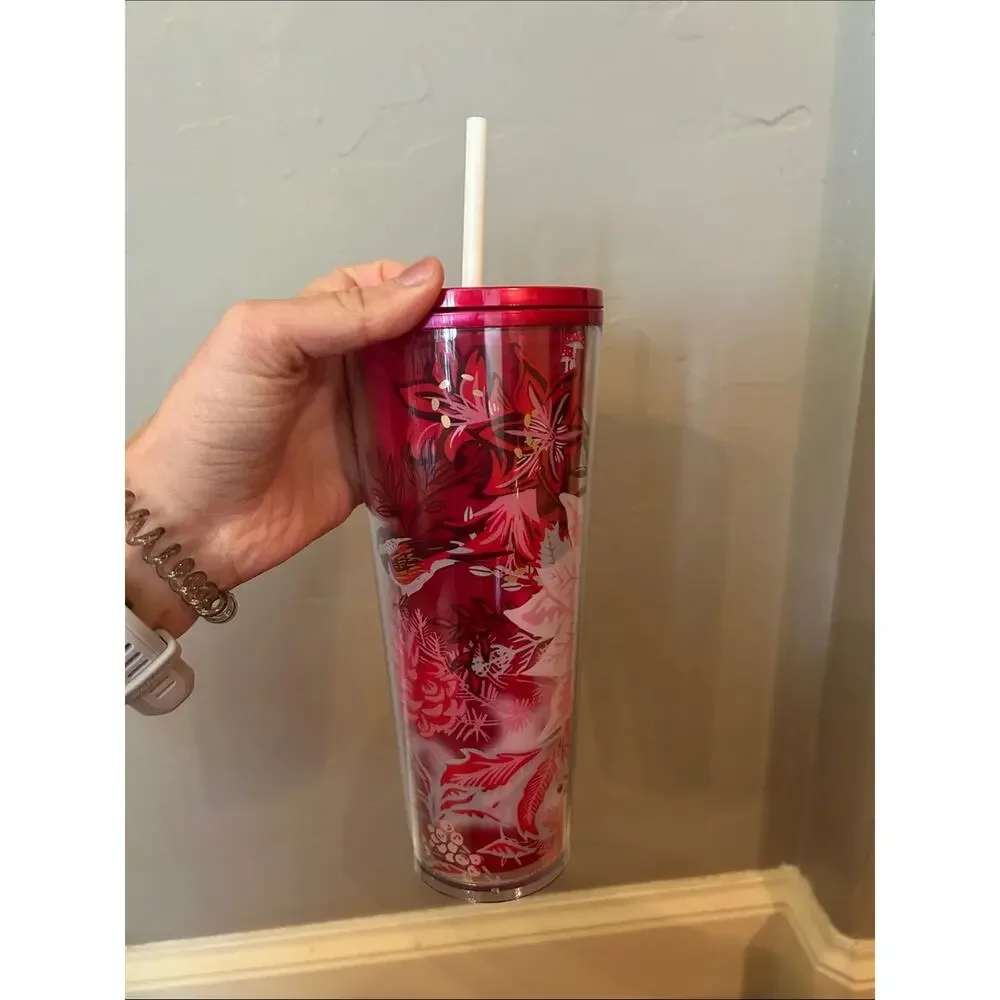 Starbucks Red Floral Bird Tumbler with White Straw
